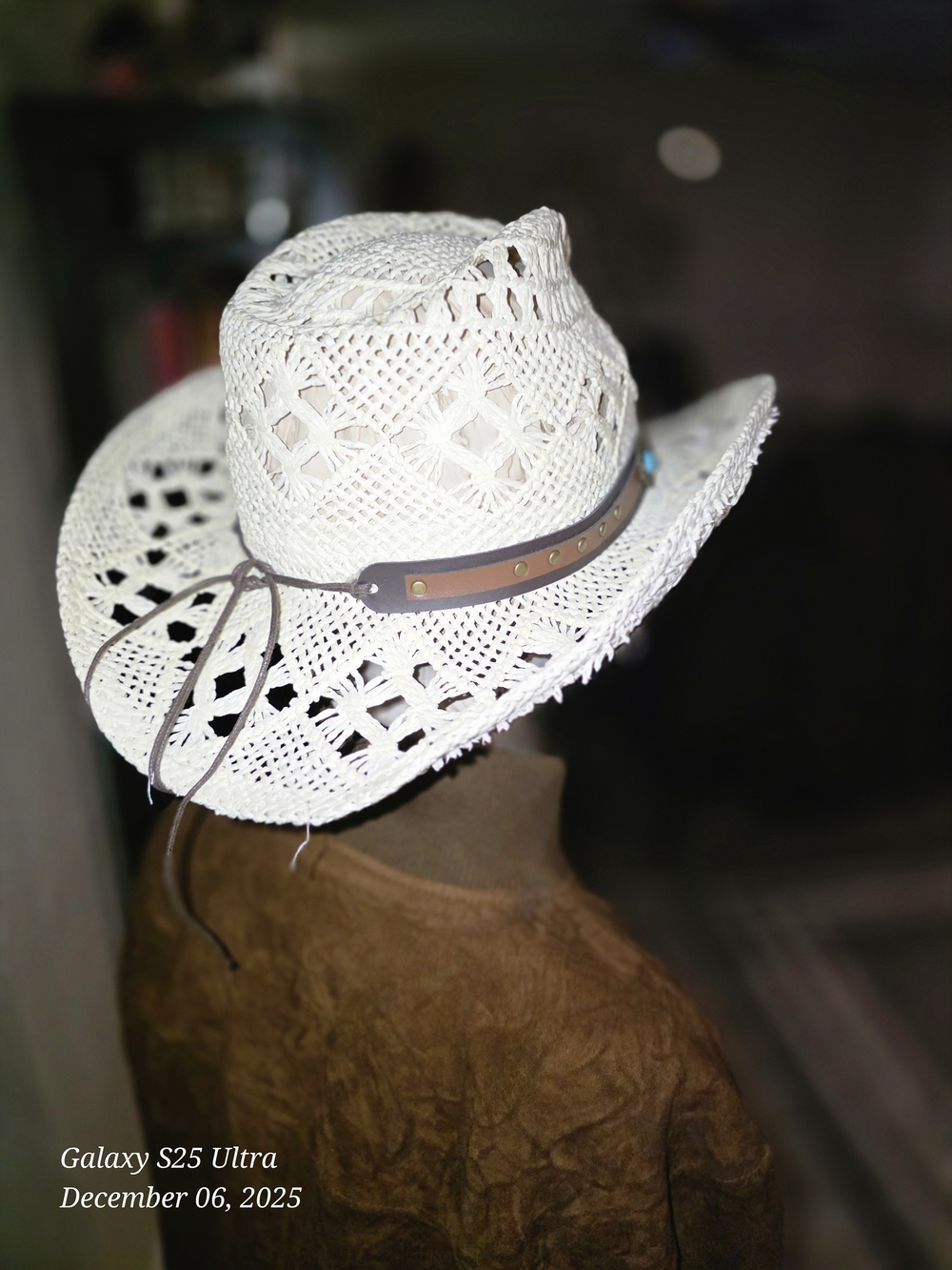 Straw Cowgirl Hat with Brown Leather Band and Turquoise Accents - Picture 5 of 5